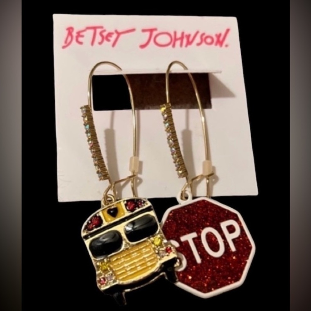 BETSEY JOHNSON Mismatched School Bus & Stop Sign Enamel Glitter Earrings NEW NWT